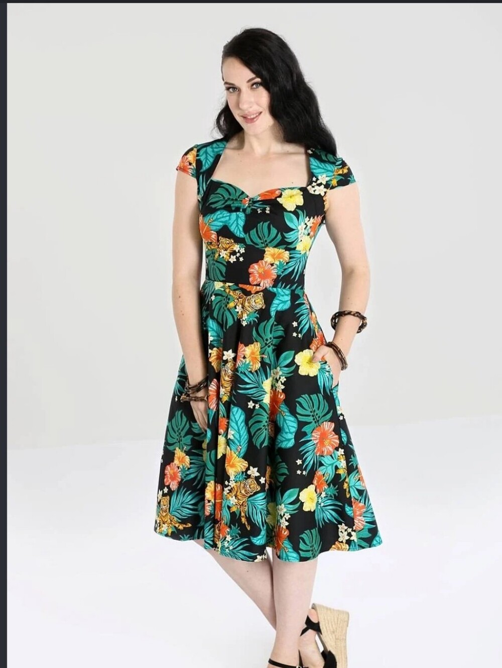 Hell Bunny Bali Tropical Jungle Tiger Floral Retro Swing Dress Size M Exotic